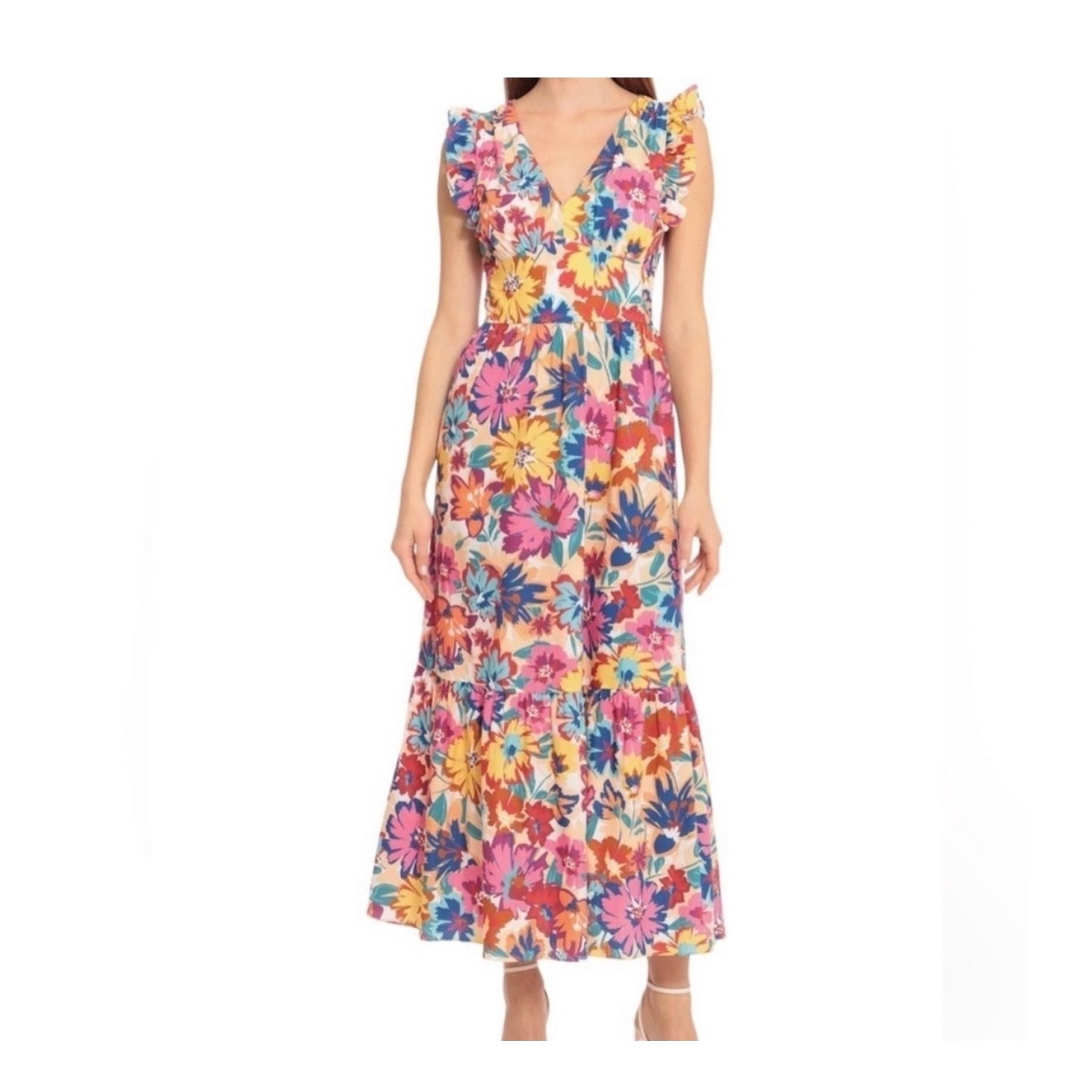 Maggy London Floral Ruffle Tiered Maxi Dress Sz 4 Colorful Beach Resort Cotton